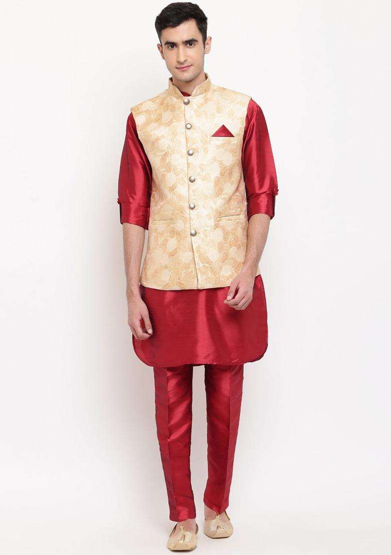 Red Solid Silk Kurta Set For Men - Indya
