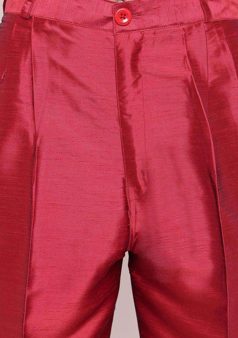 Red Solid Silk Kurta Set For Men - Indya