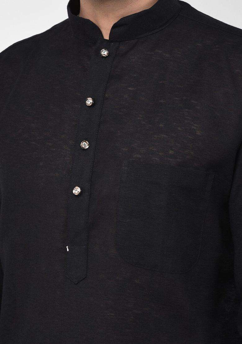 Black Solid Cotton Kurta Set For Men - Indya