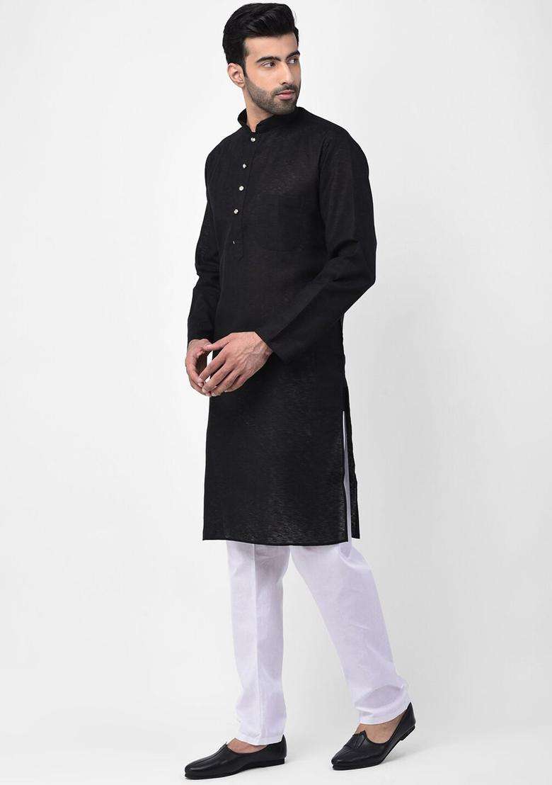 Black Solid Cotton Kurta Set For Men - Indya