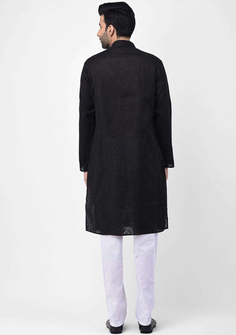 Black Solid Cotton Kurta Set For Men - Indya