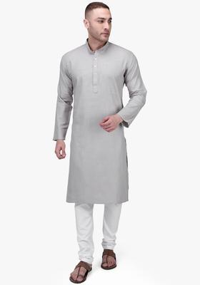 Grey Solid Cotton Kurta Set For Men