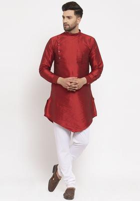 Maroon Self Design Cotton Kurta Set For Men