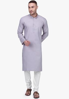 Grey Solid Cotton Kurta Set For Men