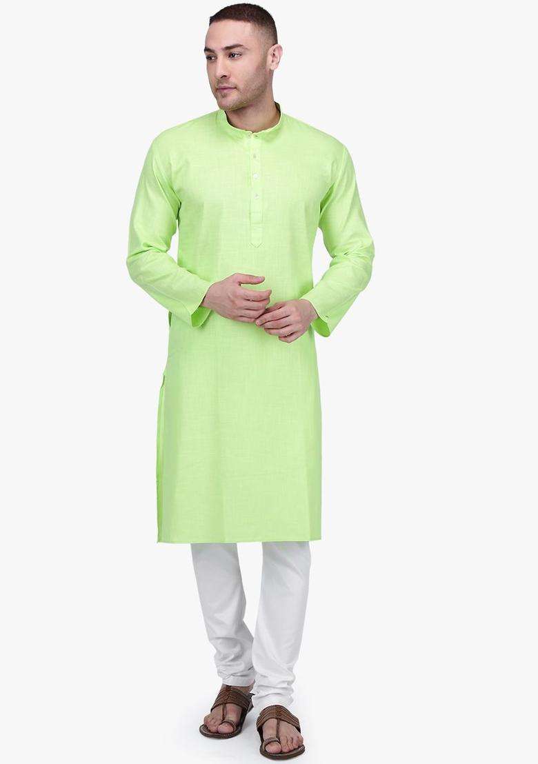 Lime Green Woven Design Cotton Kurta Set For Men - Indya