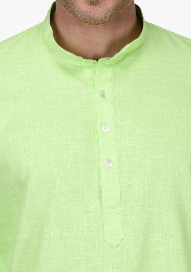 Lime Green Woven Design Cotton Kurta Set For Men - Indya