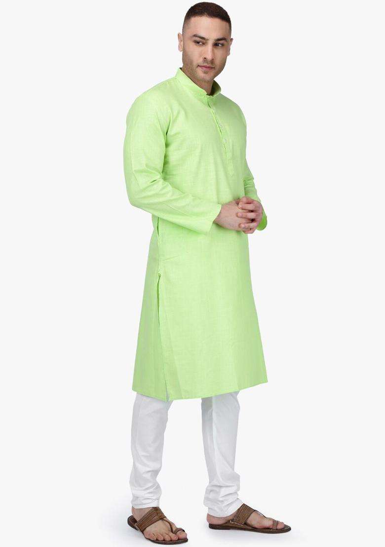 Lime Green Woven Design Cotton Kurta Set For Men - Indya