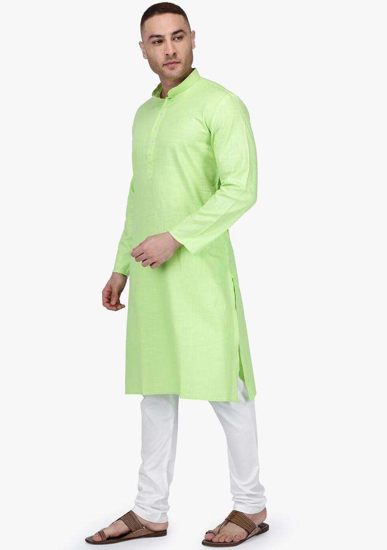 Lime Green Woven Design Cotton Kurta Set For Men - Indya