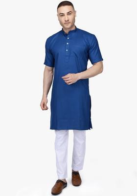 Navy Blue Solid Cotton Kurta Set For Men