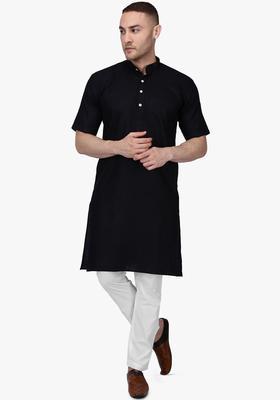 Black Solid Cotton Kurta Set For Men