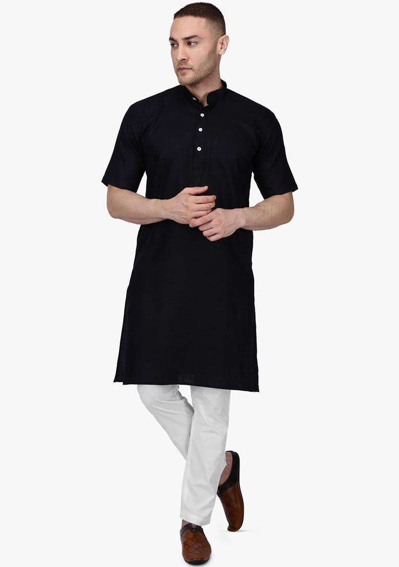 Black Solid Cotton Kurta Set For Men - Indya