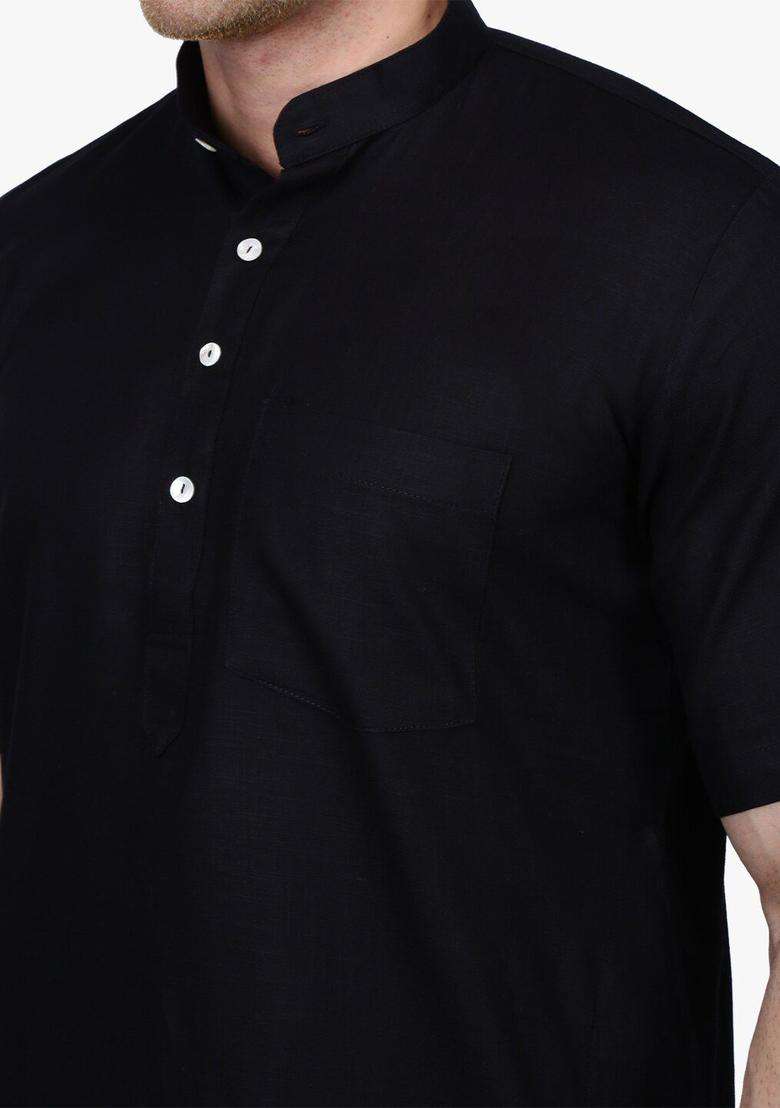 Black Solid Cotton Kurta Set For Men - Indya