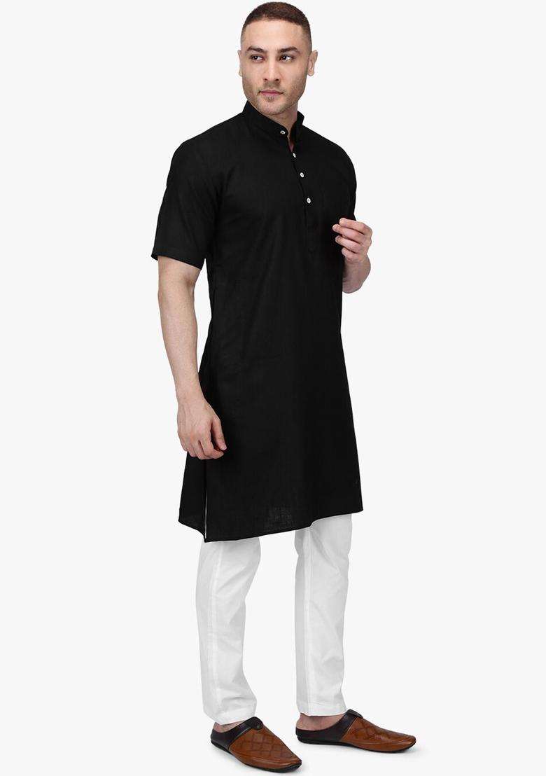 Black Solid Cotton Kurta Set For Men - Indya