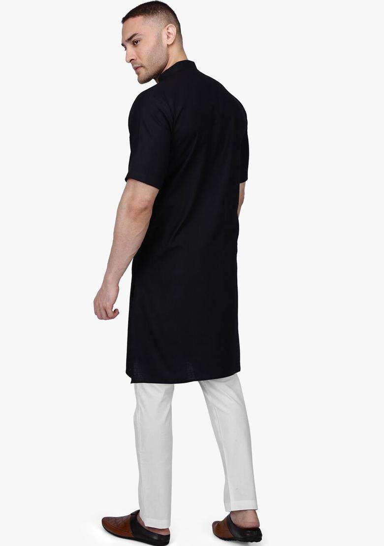 Black Solid Cotton Kurta Set For Men - Indya