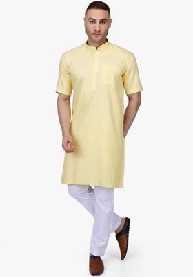 Yellow Solid Cotton Kurta Set For Men