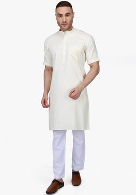 Cream Solid Cotton Kurta Set For Men