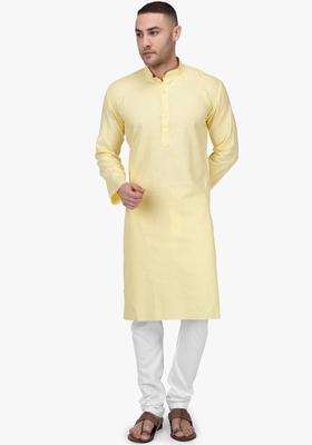 Cream Solid Cotton Kurta Set For Men