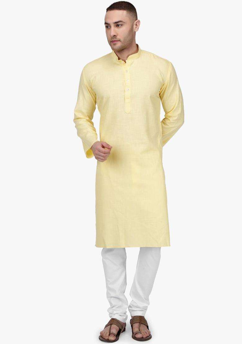 Cream Solid Cotton Kurta Set For Men - Indya