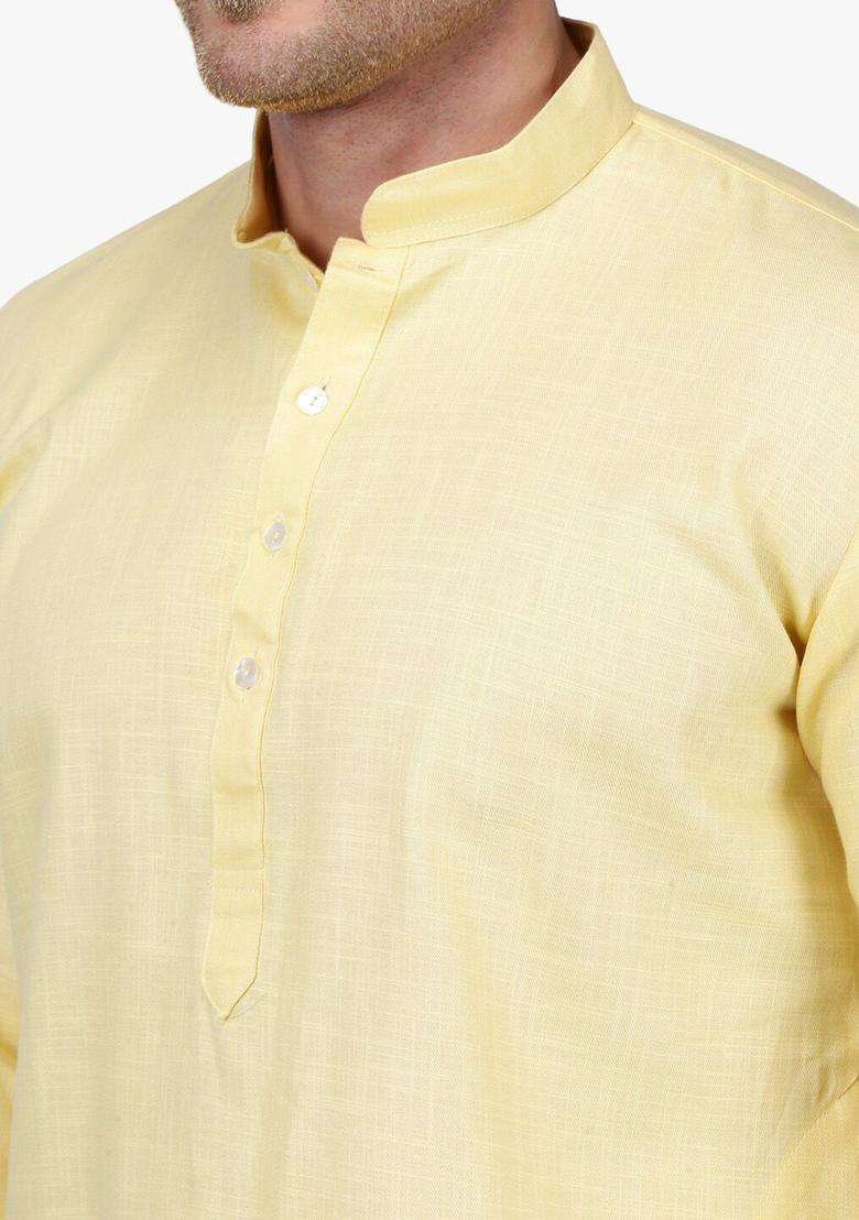 Cream Solid Cotton Kurta Set For Men - Indya
