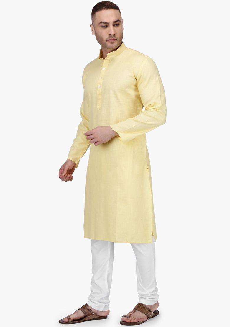 Cream Solid Cotton Kurta Set For Men - Indya