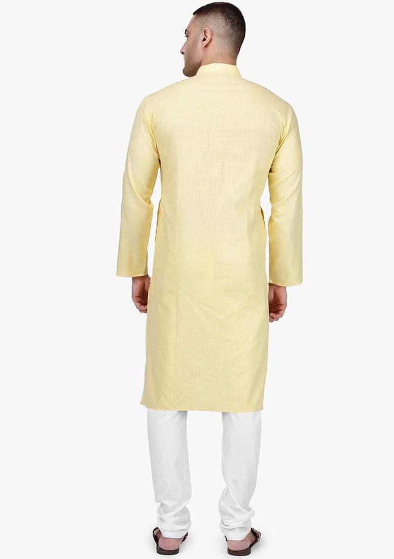 Cream Solid Cotton Kurta Set For Men - Indya