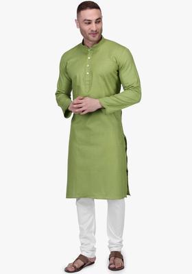 Green Solid Cotton Kurta Set For Men