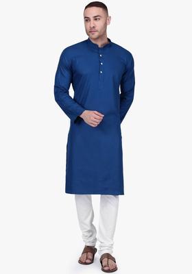 Navy Blue Solid Cotton Kurta Set For Men