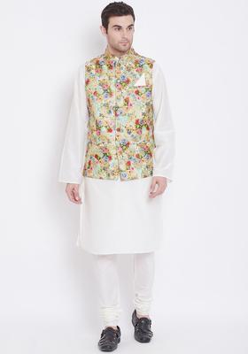 White Printed Silk Kurta Set For Men