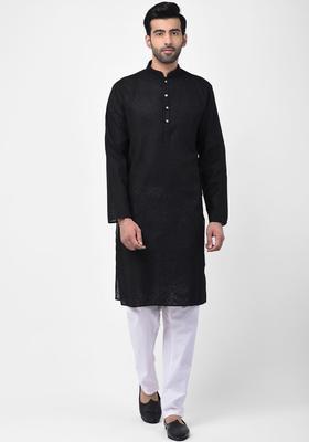 Black Solid Silk Kurta Set For Men