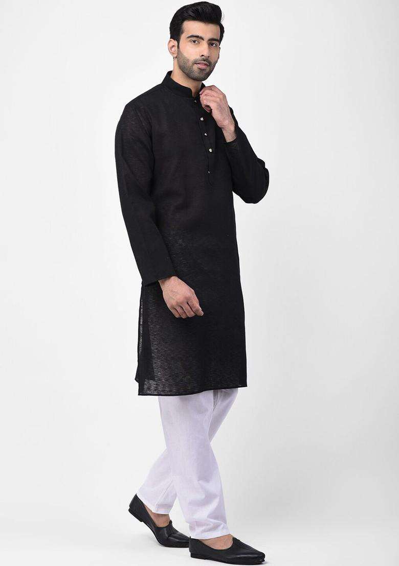 Black Solid Silk Blend Kurta Set For Men - Indya