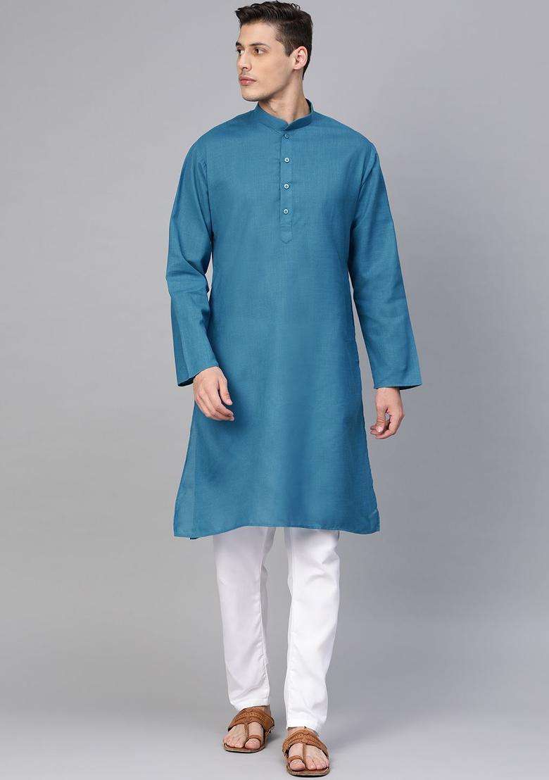 Blue Solid Cotton Kurta Set For Men - Indya