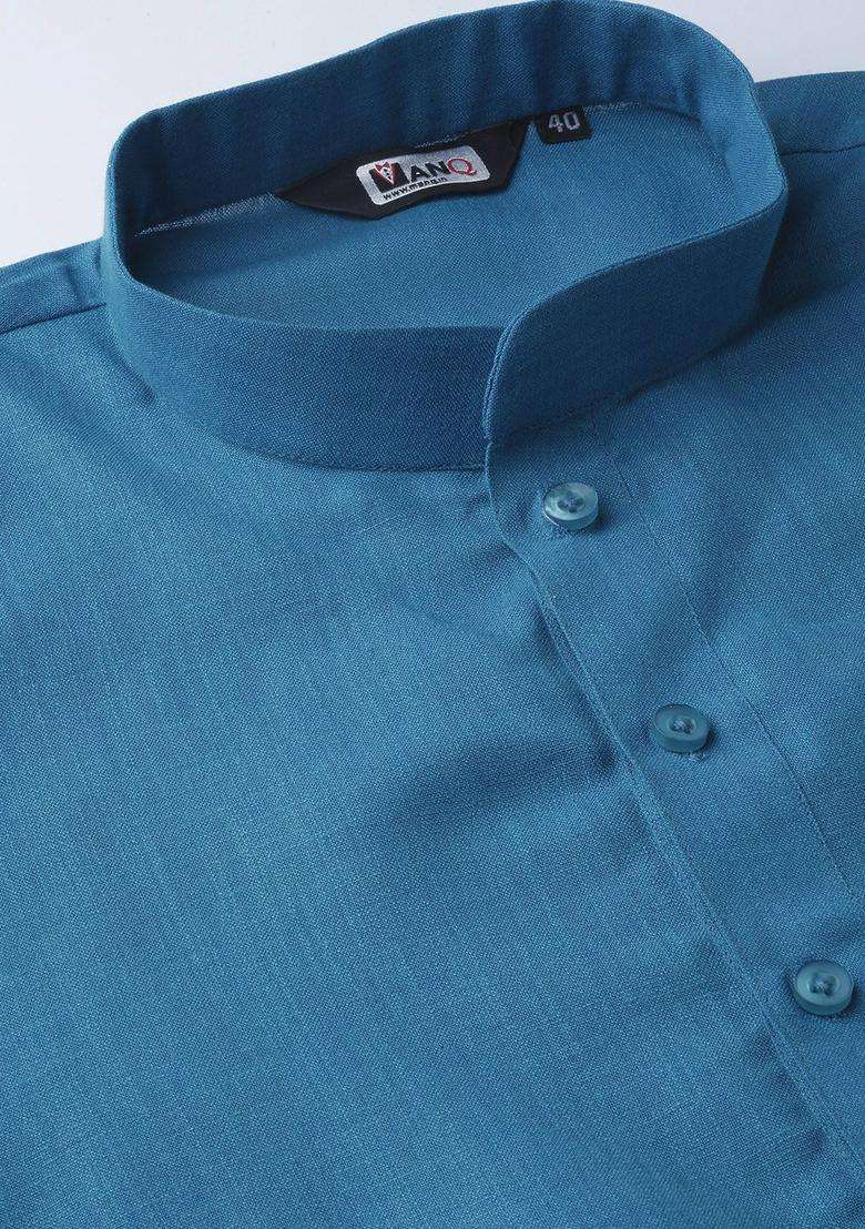 Blue Solid Cotton Kurta Set For Men - Indya
