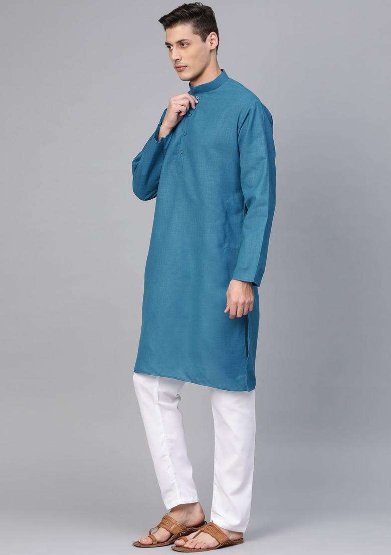Blue Solid Cotton Kurta Set For Men - Indya