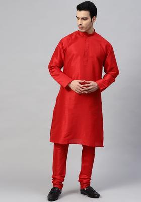Red Solid Silk Kurta Set For Men