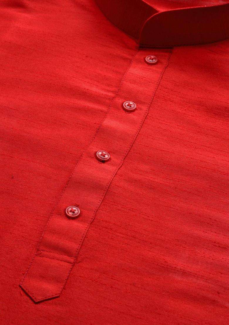 Red Solid Silk Blend Kurta Set For Men - Indya