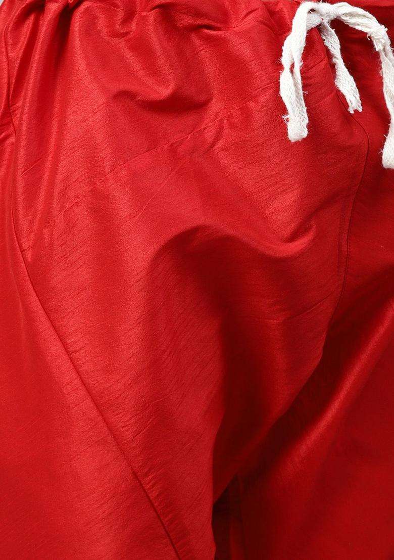 Red Solid Silk Blend Kurta Set For Men - Indya