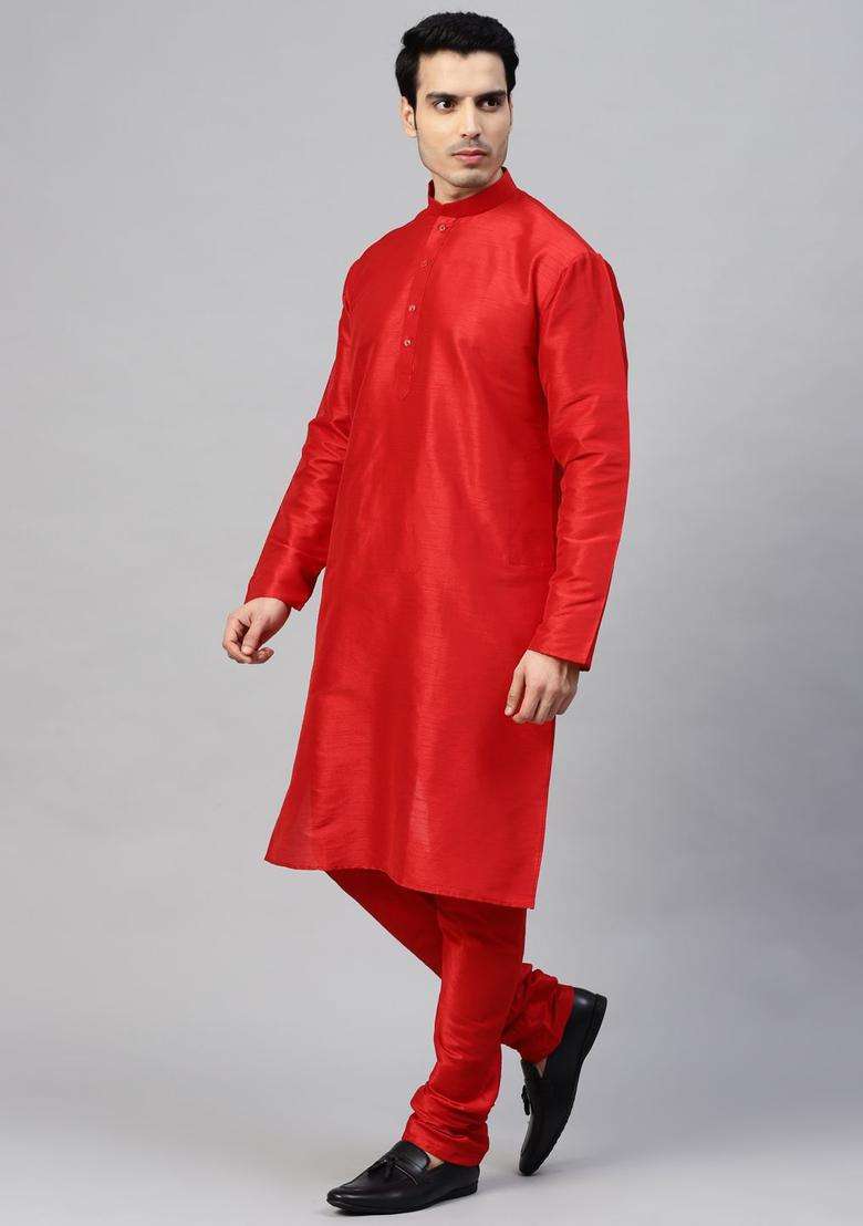 Red Solid Silk Blend Kurta Set For Men - Indya