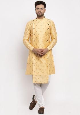 Gold Printed Silk Kurta Set For Men