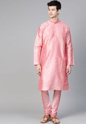 Pink Solid Silk Kurta Set For Men