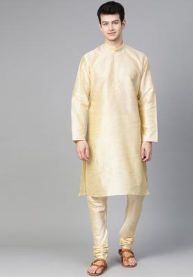 Beige Solid Silk Kurta Set For Men