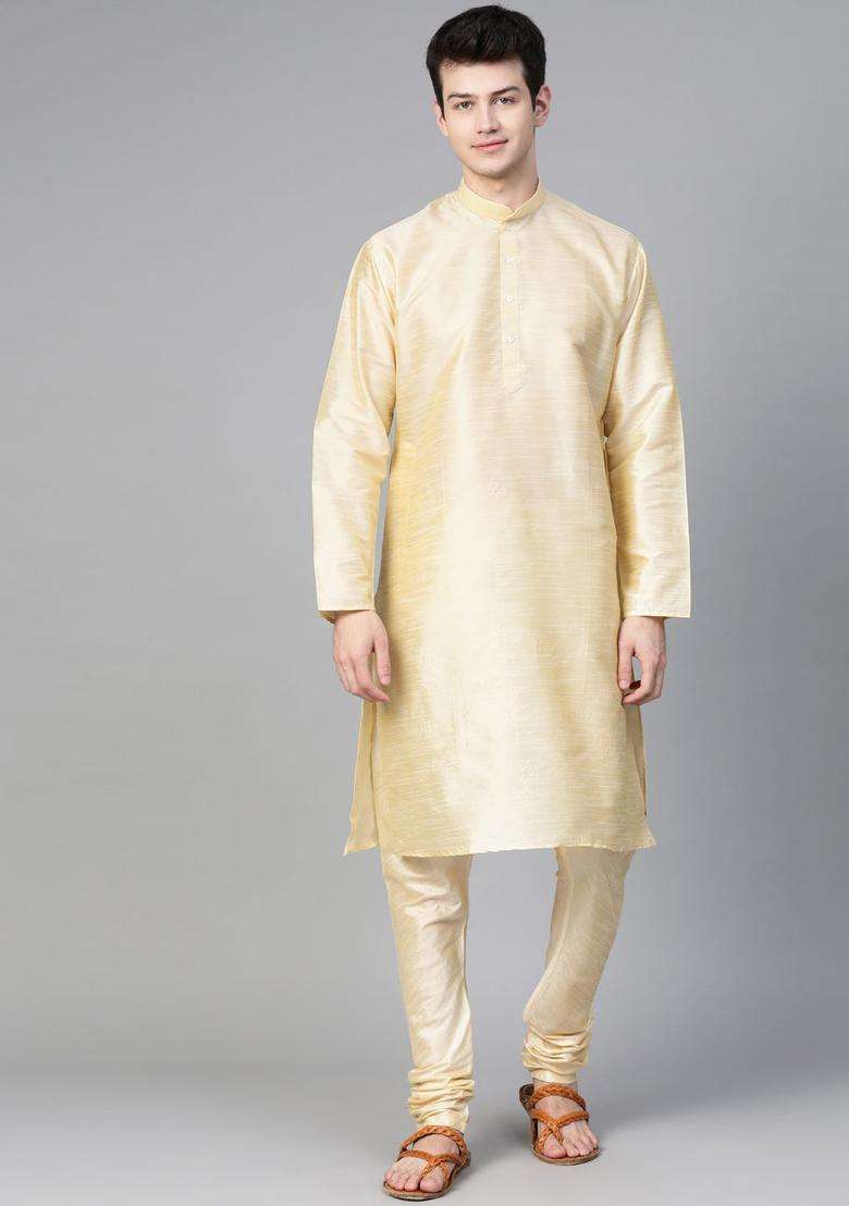 Beige Solid Silk Kurta Set For Men - Indya
