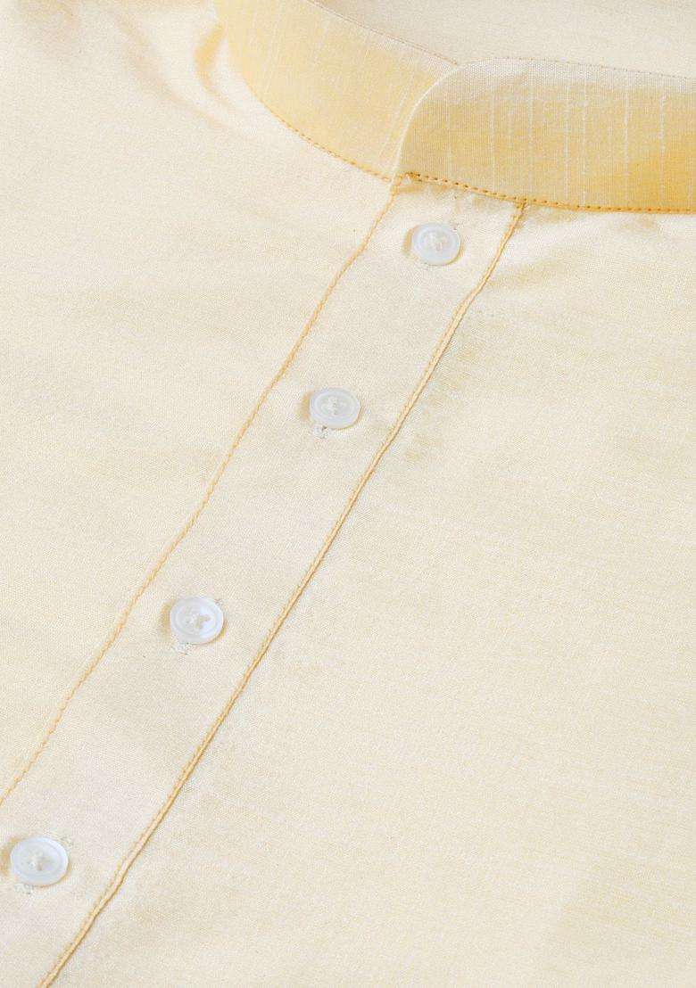 Beige Solid Silk Kurta Set For Men - Indya