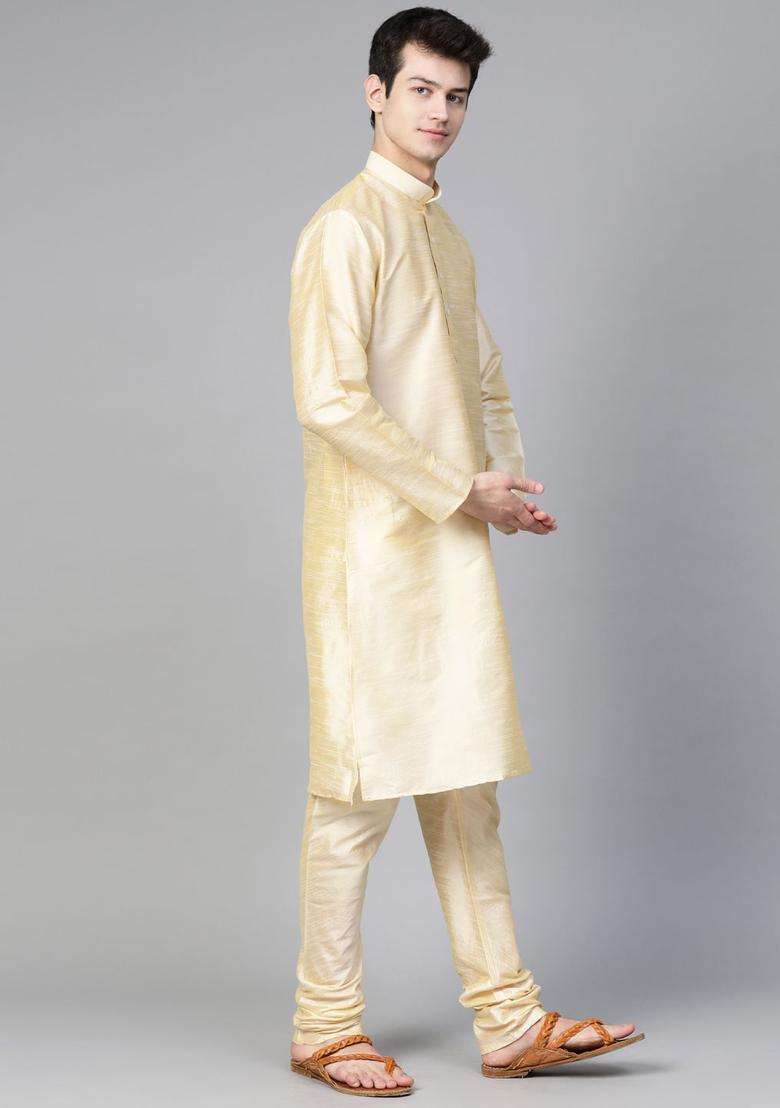 Beige Solid Silk Kurta Set For Men - Indya