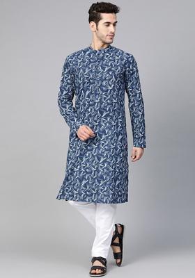 Navy Blue Printed Cotton Kurta Set For Men