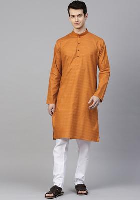 Rust Self Design Cotton Kurta Set For Men