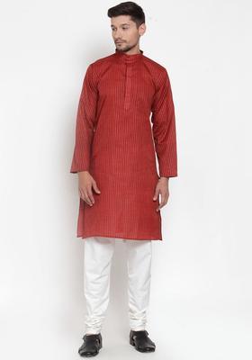 Red Printed Cotton Kurta Set For Men
