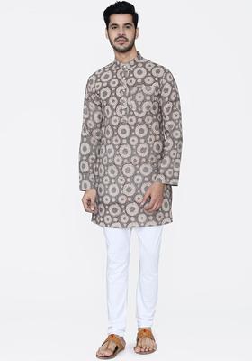 Beige Printed Cotton Kurta Set For Men