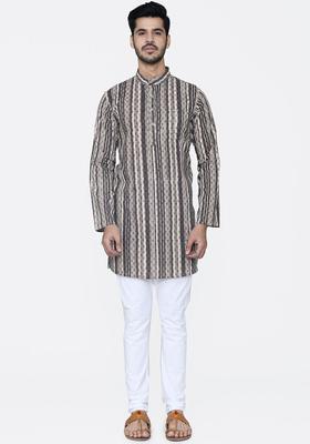 Brown Striped Cotton Kurta Set For Men