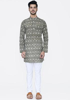 Green Printed Cotton Kurta Set For Men