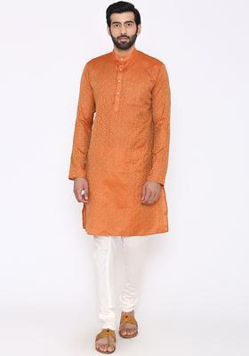 Orange Woven Design Silk Kurta Set For Men